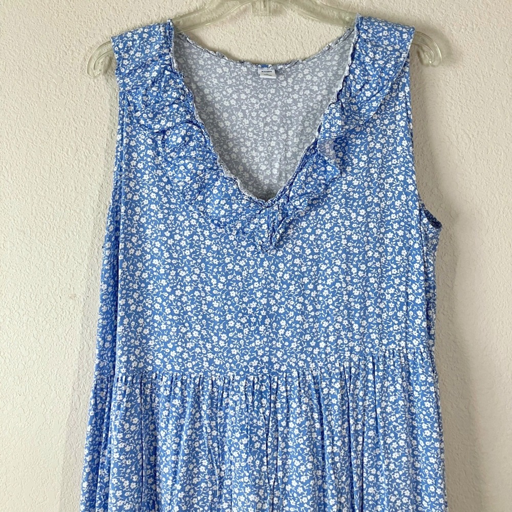 OLD NAVY Tiered Boho Dress XL Ditsy Floral Ruffle Peasant Cottage Trad Wife Blue - Picture 2 of 7